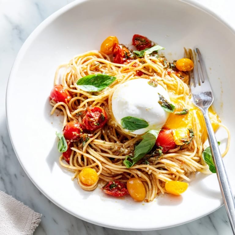 Fresh basil, cherry tomatoes, and melted burrata top this Burrata Caprese Pasta, creating cheesy pulls while the simple garlic olive oil sauce coats every strand.