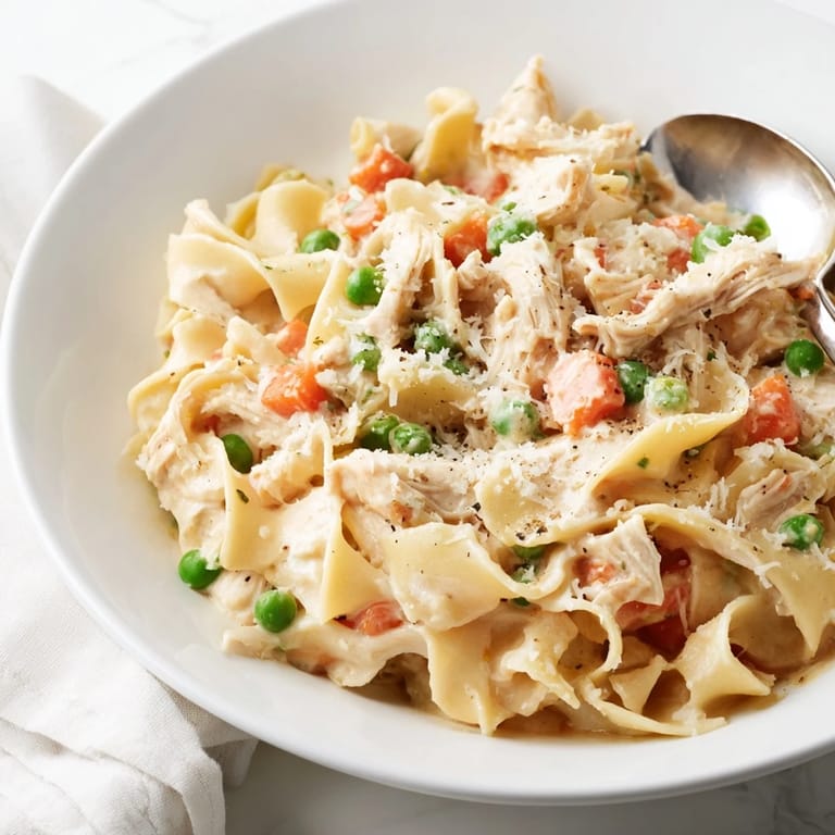 Serve this Spring Chicken Noodle Skillet steaming hot, garnished with fresh parsley and a sprinkle of Parmesan.