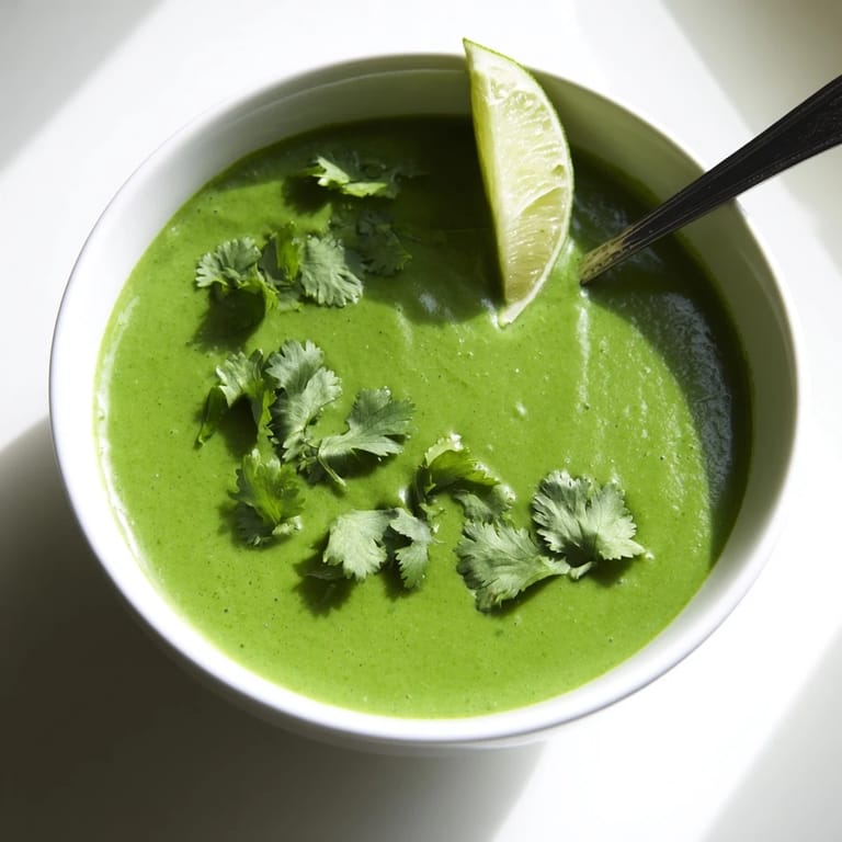 Steaming creamy Spinach Coriander Lemongrass Soup served in a rustic earthenware bowl, topped with coriander leaves and a lime wedge. 