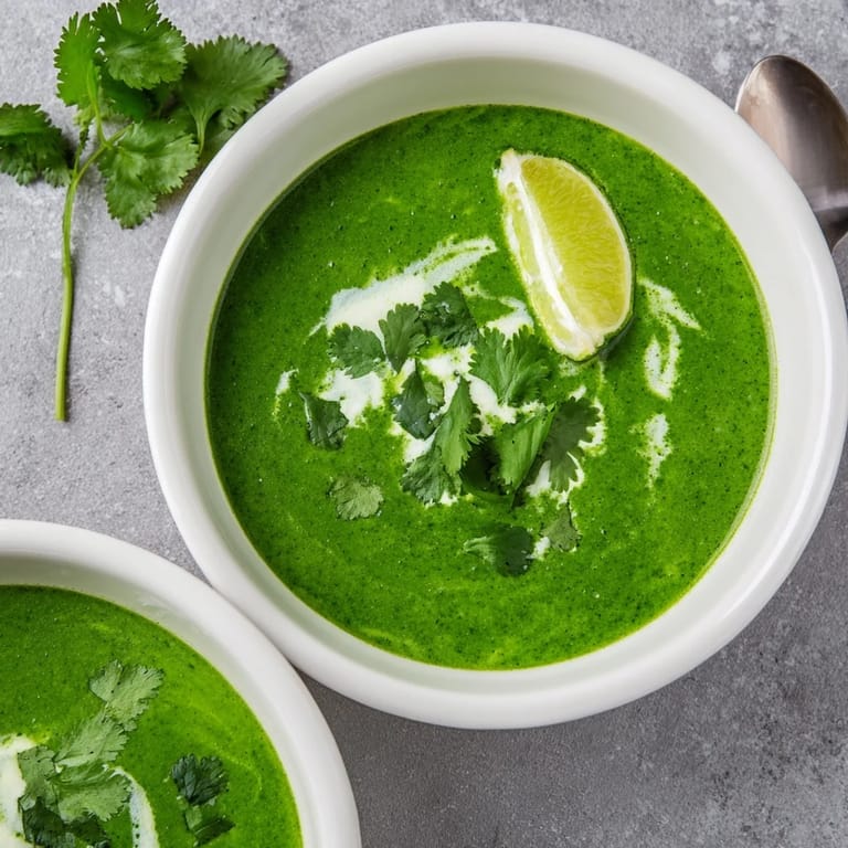 A ladleful of rich, green Spinach Coriander Lemongrass Soup, highlighting its smooth texture and fragrant coconut milk base.