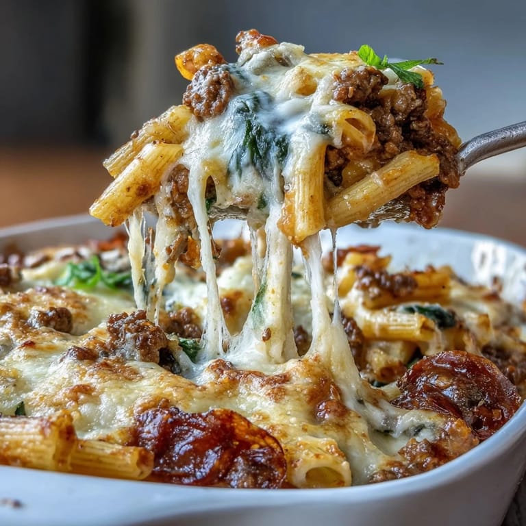 Serving suggestion for High Protein Italian Beef and Pasta Bake in a white casserole dish, garnished with fresh basil and turkey pepperoni.