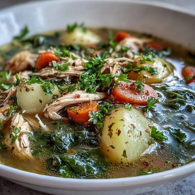 Comforting bowl of collard greens chicken and vegetable soup, perfect for chilly evenings.