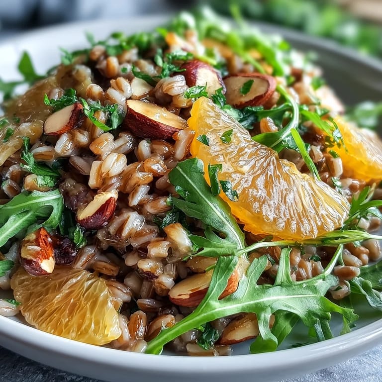 A close-up of Farro Salad With Fennel, Oranges, and Almonds, perfect for lunch.