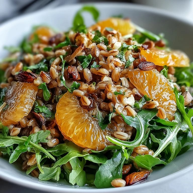 Tangy Farro Salad With Fennel, Oranges, and Almonds, ready to be served.