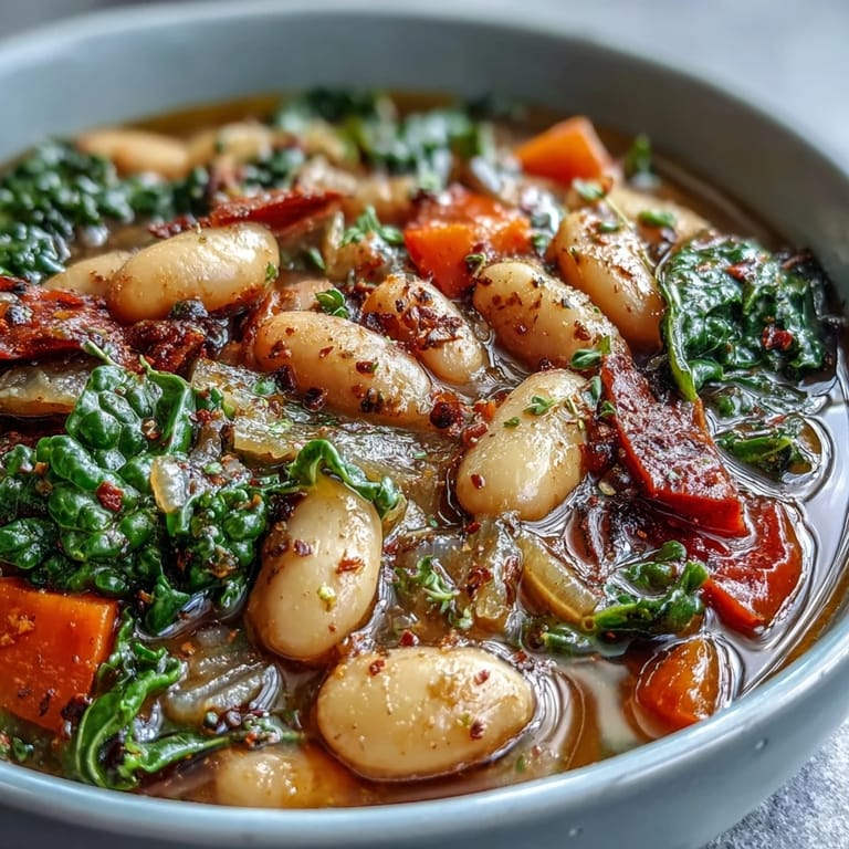 Close-up of Mediterranean White Bean Stew, rich with spices and colorful garden vegetables.