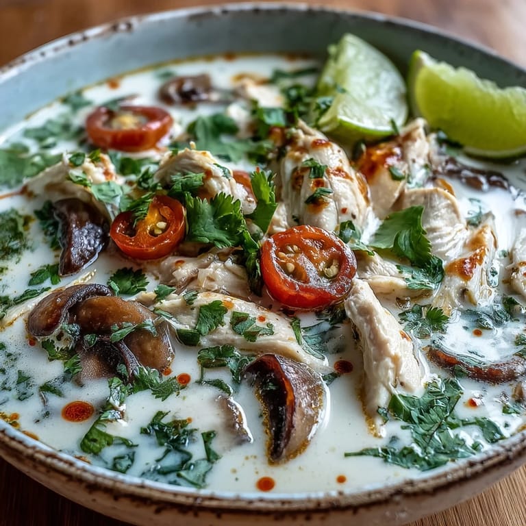 Creamy Thai coconut Best Ever Tom Kha Gai Soup garnished with fresh cilantro and lime.
