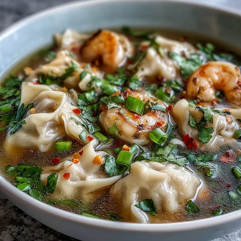 Close-up of Tom Yum Wonton Soup garnished with cilantro and lime wedges served in a spoon.