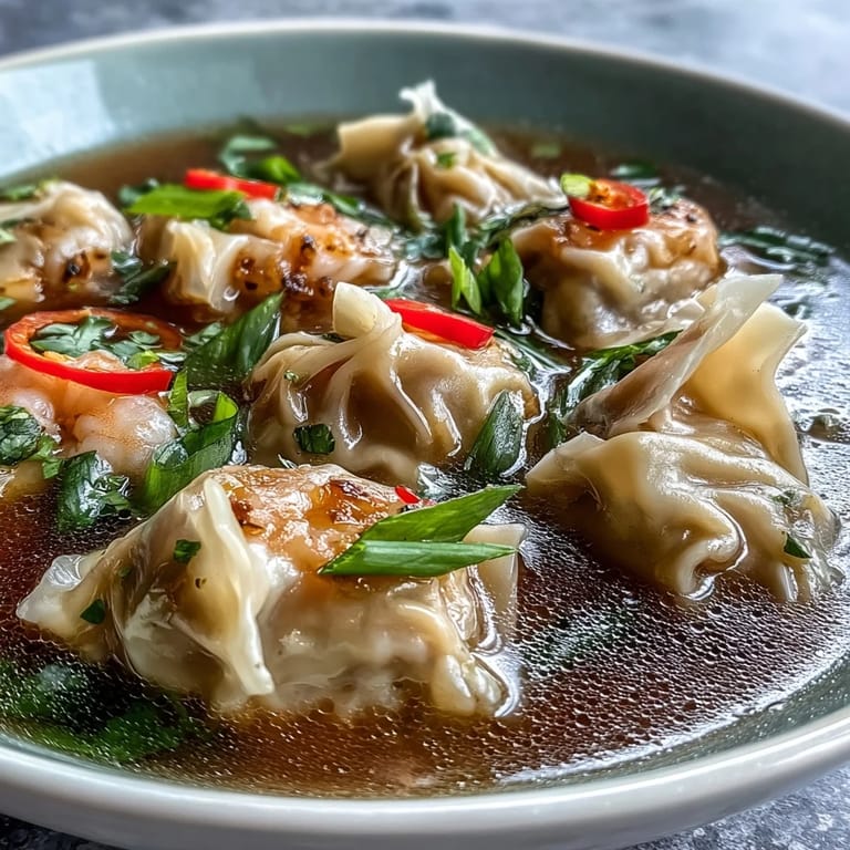 Vibrant bowls of Tom Yum Wonton Soup featuring wontons, mushrooms, and a citrusy, aromatic broth.