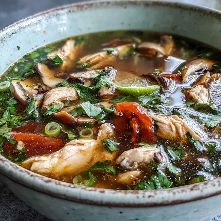A close-up of Tom Yum Chicken broth, showcasing plump chicken pieces, tomatoes, and spring onions for a fresh, spicy finish.
