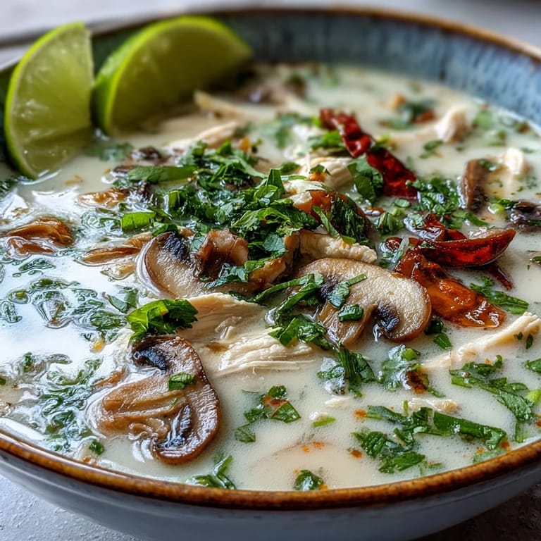 Steaming Authentic Tom Kha Gai in a rustic pot, revealing tender chicken pieces and sliced mushrooms swimming in creamy coconut milk with visible aromatics.