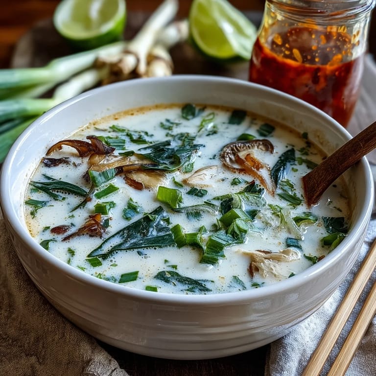Spicy Tom Kha Soup featuring coconut cream broth with sliced chicken and aromatic Thai herbs.