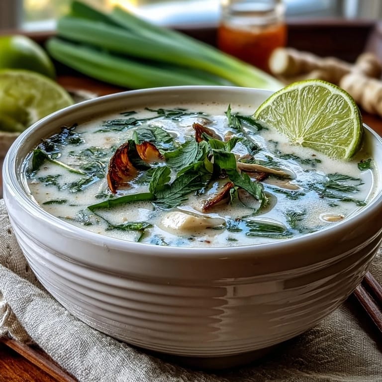 Serving suggestion for Tom Kha Soup, garnished with lime wedges and fresh cilantro leaves.