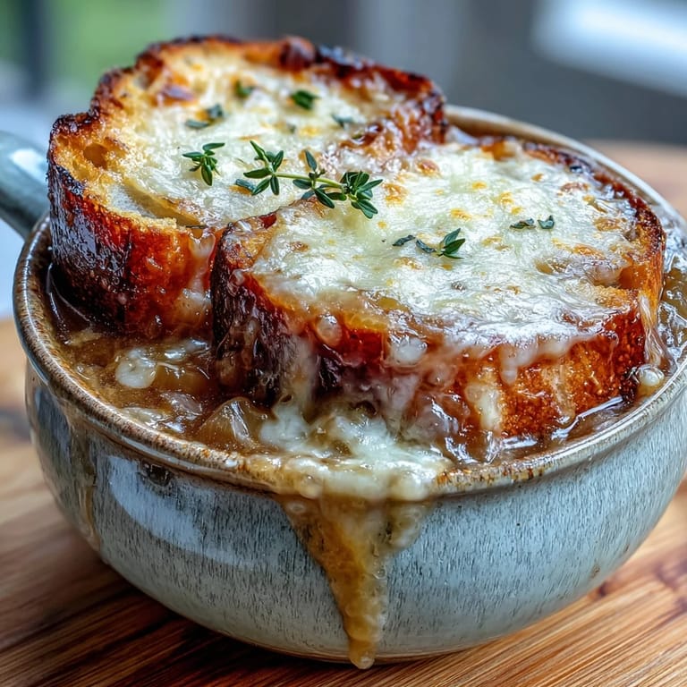 Classic French Onion Soup served with toasted bread and fresh thyme garnish.