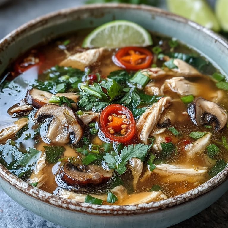 Tom Yum Chicken soup with vibrant aromatics, including lemongrass and makrut lime leaves, served hot with lime wedges on the side.