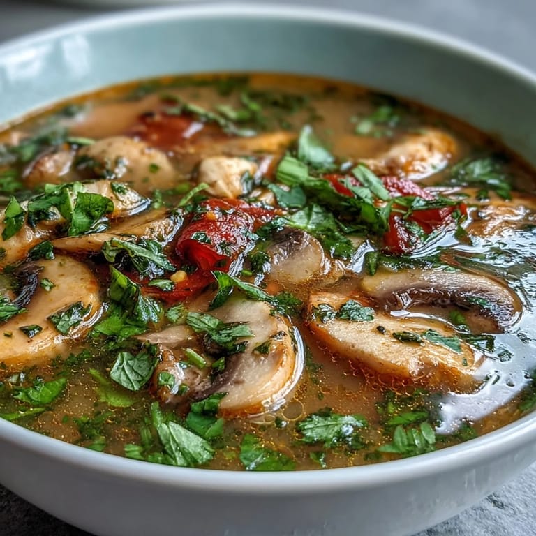 Close-up of vibrant Tom Yum Gai featuring juicy chicken slices, oyster mushrooms, and lime wedges beside a steaming aromatic Thai broth.