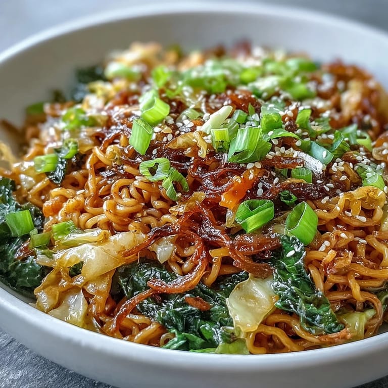 An overhead view of Fried Cabbage Ramen in a dark bowl, garnished with fresh scallion greens and a sprinkle of sesame seeds.