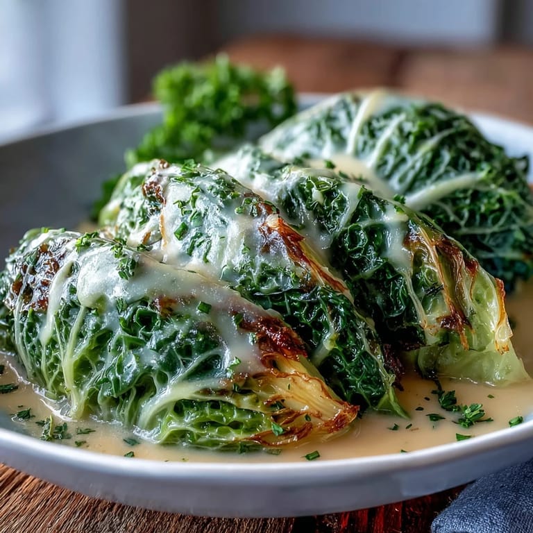Savory Herby Cabbage in Parmesan Broth plated with extra grated cheese and fresh thyme sprigs.