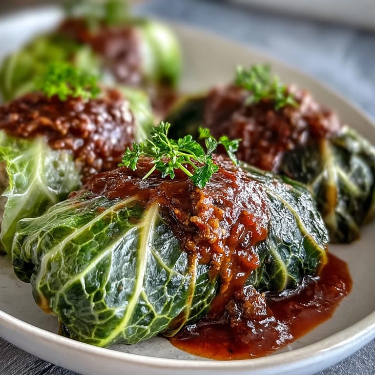 Golden Cabbage Rolls with savory meat and rice filling, ready to serve on a rustic plate.