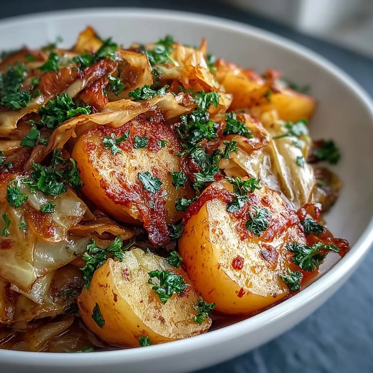 Slow-simmered Braised Cabbage With Potatoes and Chili releases steam and savory aromas in a rustic, buttery vegetable stew.
