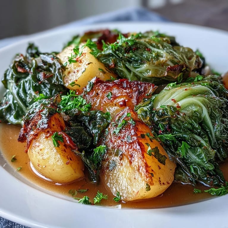 A generous bowl of Braised Cabbage With Potatoes and Chili paired with crusty bread for a cozy vegetarian meal.