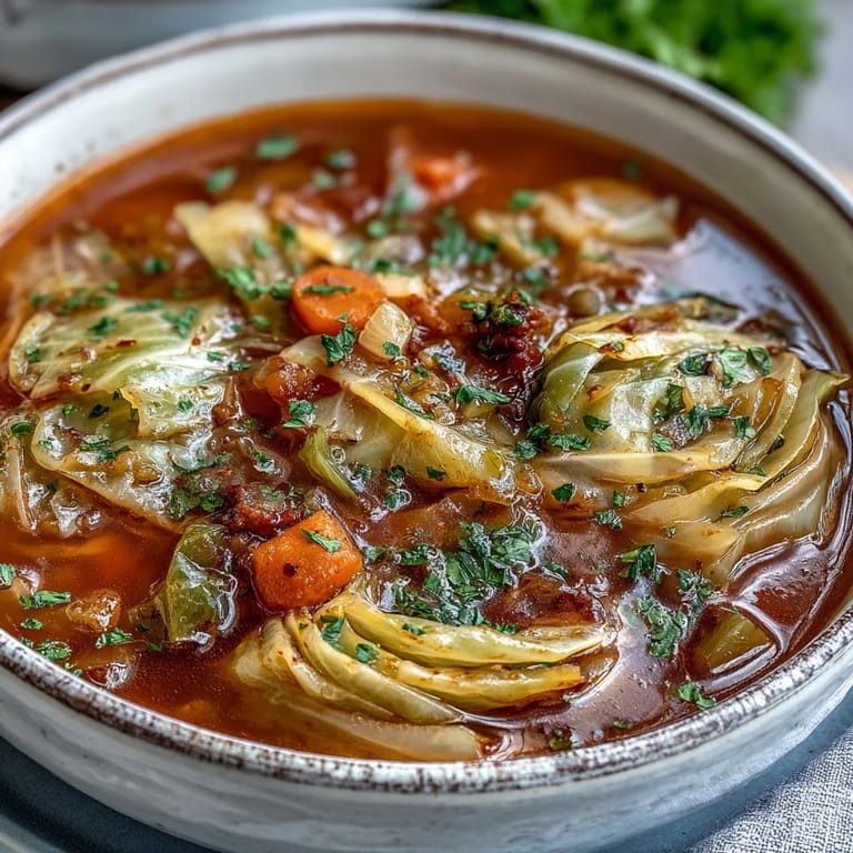Serving of Classic Cabbage Soup with a crusty bread roll, perfect for a light and comforting vegetarian meal.