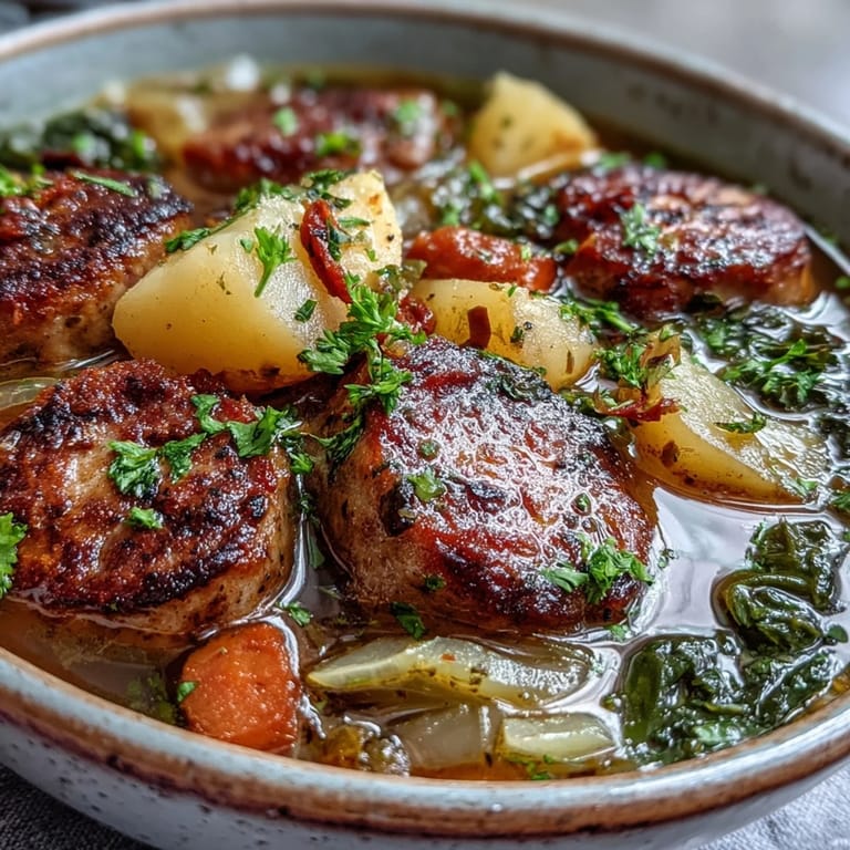 Hearty Sausage, Potato and Cabbage Soup served with a slice of crusty bread, perfect for cold nights.