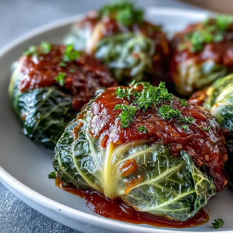 Vegan stuffed cabbage rolls plated, served with fresh parsley and crusty bread on the side.