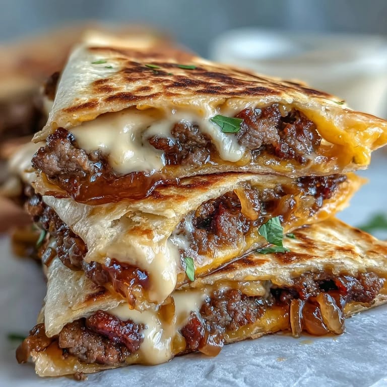 A crispy quesadilla stuffed with smashburger patties and sharp cheddar, served with a tangy mayo-mustard sauce and pickles.