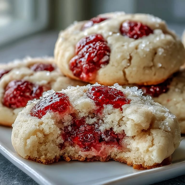 Stack of Soft Chewy Raspberry Sugar Cookies reveals chewy texture and bright raspberry bursts, ideal for a berry-filled dessert tray.