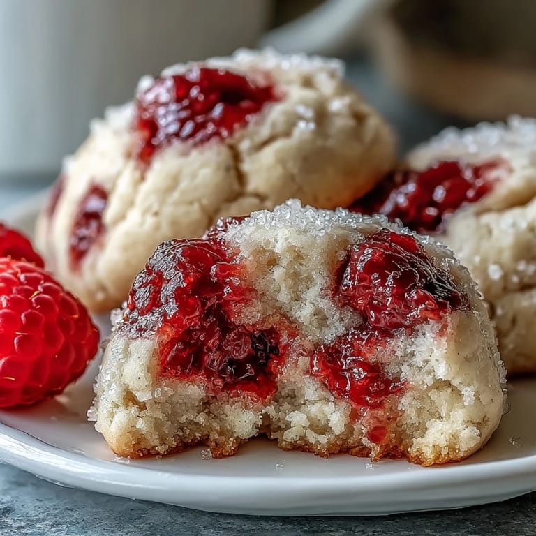 Close-up of Soft Chewy Raspberry Sugar Cookies highlights cracked tops and sugar coating, served warm on a rustic wooden board.