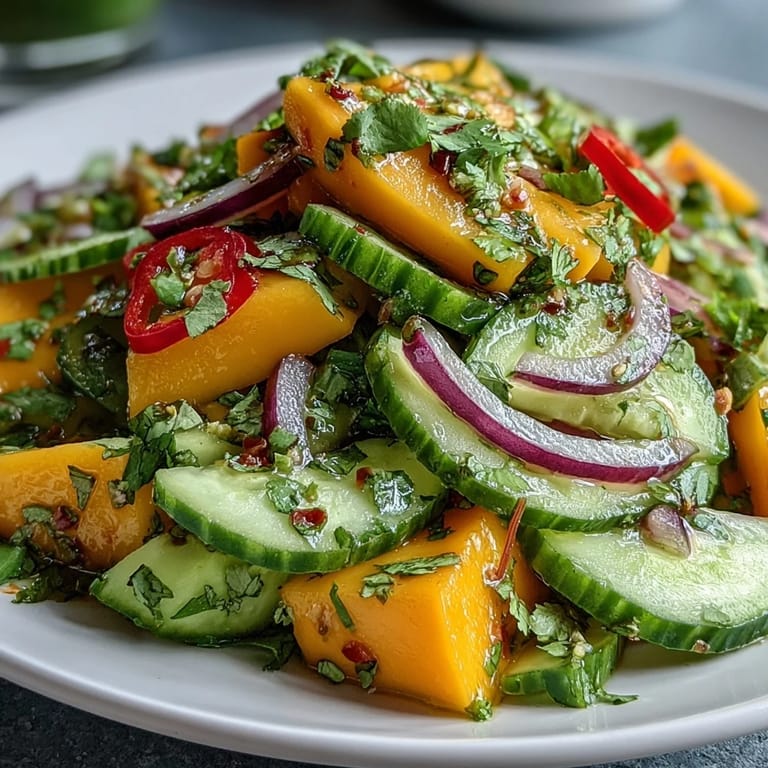 Garnished with cilantro, this Refreshing Mango Salad features juicy mango strips and cucumbers tossed in a zesty lime dressing.