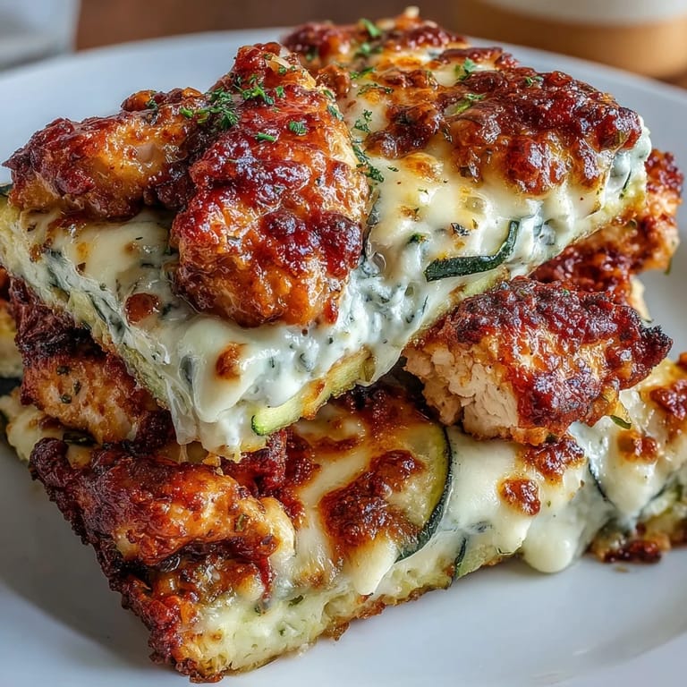 Savory High Protein Chicken Zucchini Bake fresh from the oven, featuring a cheesy, golden crust and tender chicken pieces perfect for a low-carb dinner.