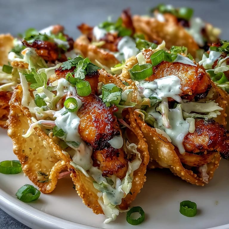 Close-up of Crispy Chicken Wonton Tacos arranged on a platter with lime wedges, showcasing crunchy wonton shells and tender ginger chicken strips.