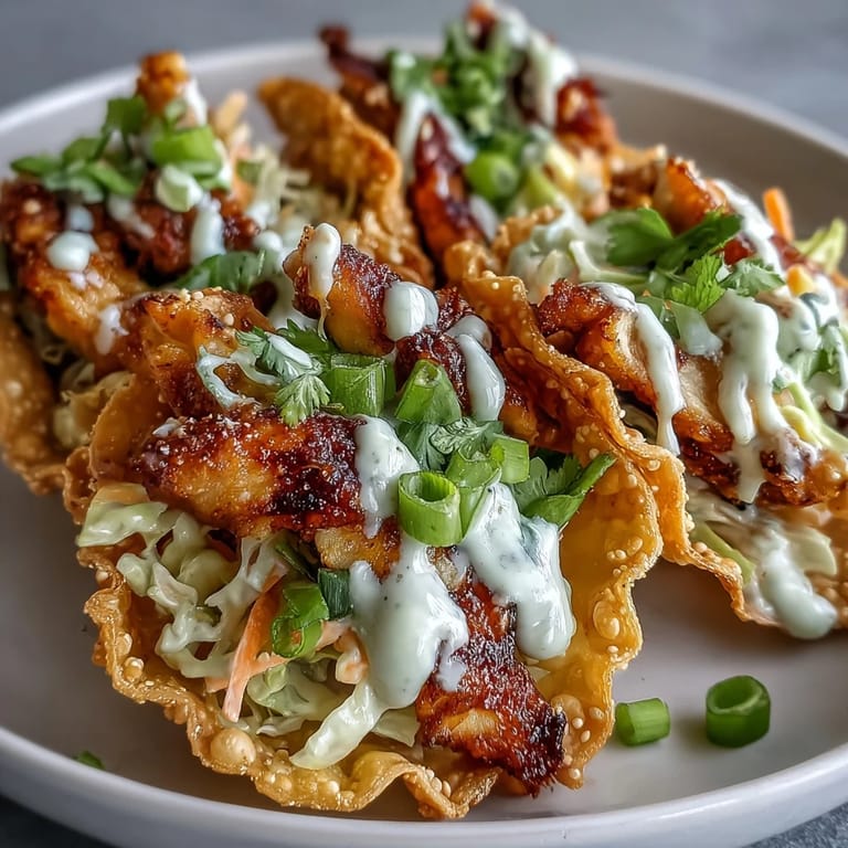 A hand holds a Crispy Chicken Wonton Taco stuffed with shredded cabbage and carrots, demonstrating how to serve this Asian fusion dinner for four.