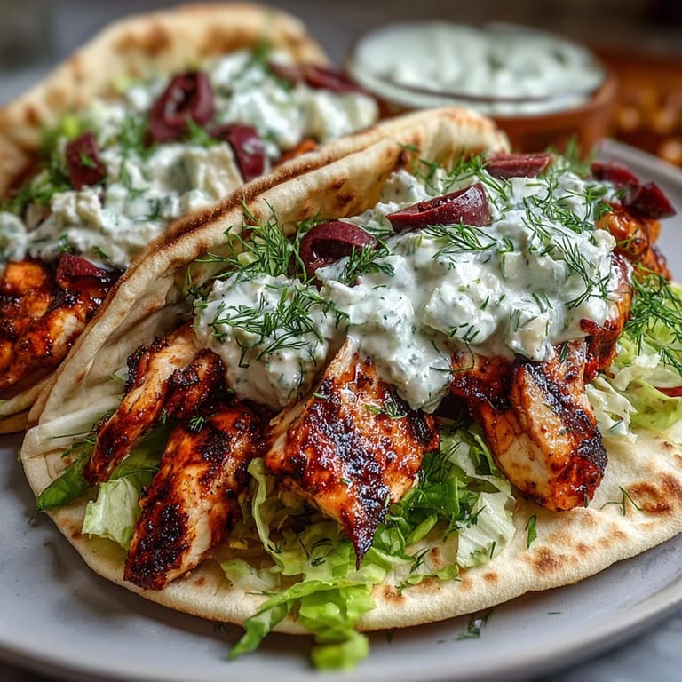 Plated Mediterranean Chicken Gyros with Creamy Feta Tzatziki, garnished with dill and served alongside lemon wedges and Kalamata olives.