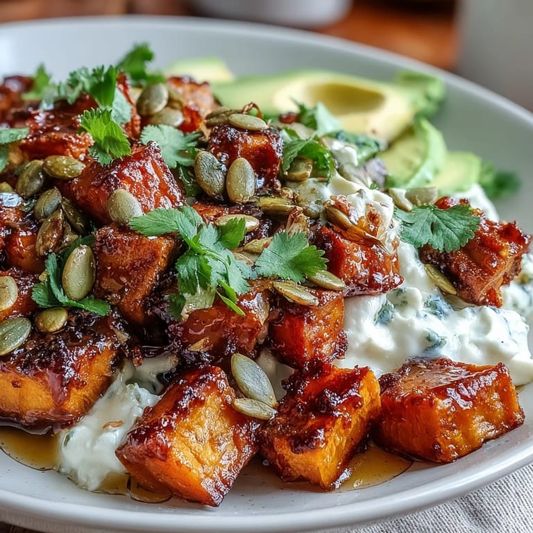 Garnished Hot Honey Sweet Potato Bowl with a drizzle of spicy honey, toasted pumpkin seeds, and vibrant sweet potatoes.