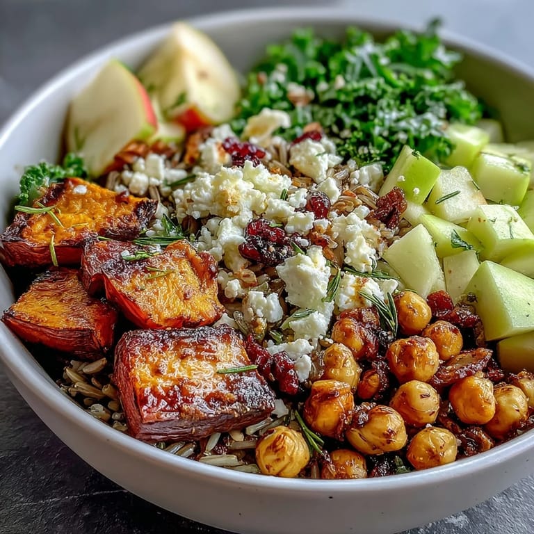 A vibrant Fall Harvest Bowl topped with creamy feta, toasted almonds, and fresh apple slices.