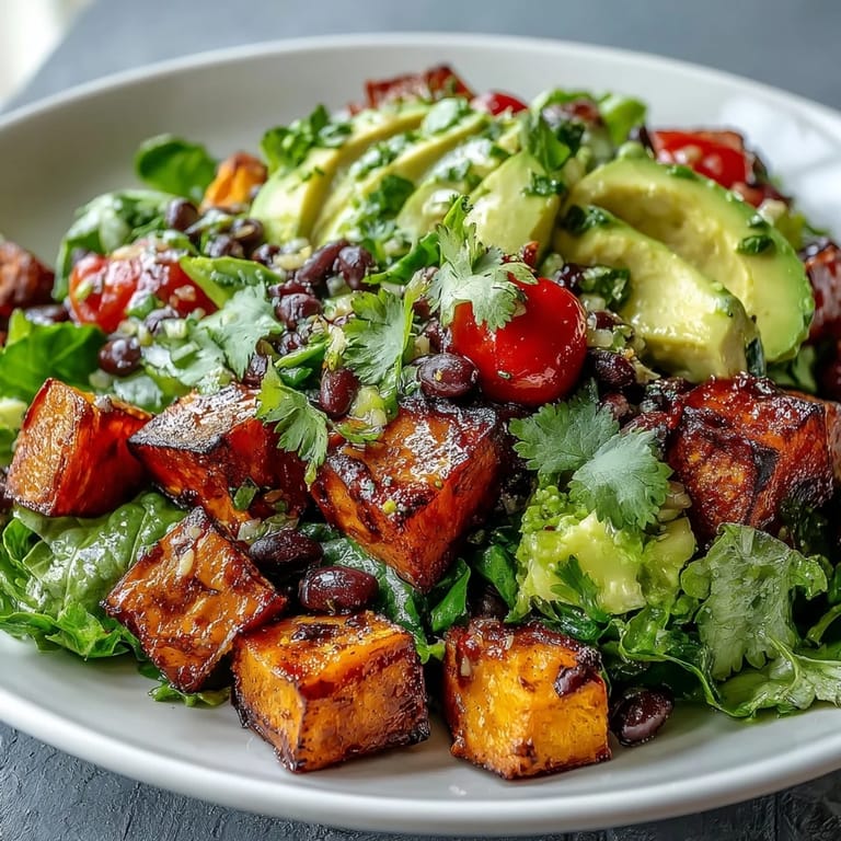 A close-up of the Sweet Potato and Black Bean Bowl showing hearty beans and zesty lime dressing.