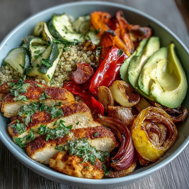 Vibrant bell peppers and zucchini roasted with paprika pair with juicy chicken and creamy avocado in this hearty quinoa bowl. 