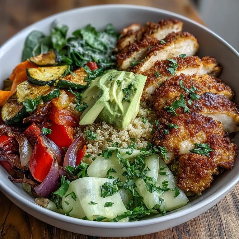 Fluffy quinoa topped with smoky paprika veggies, sliced chicken, and bright lemon salad, finished with creamy avocado for dinner.