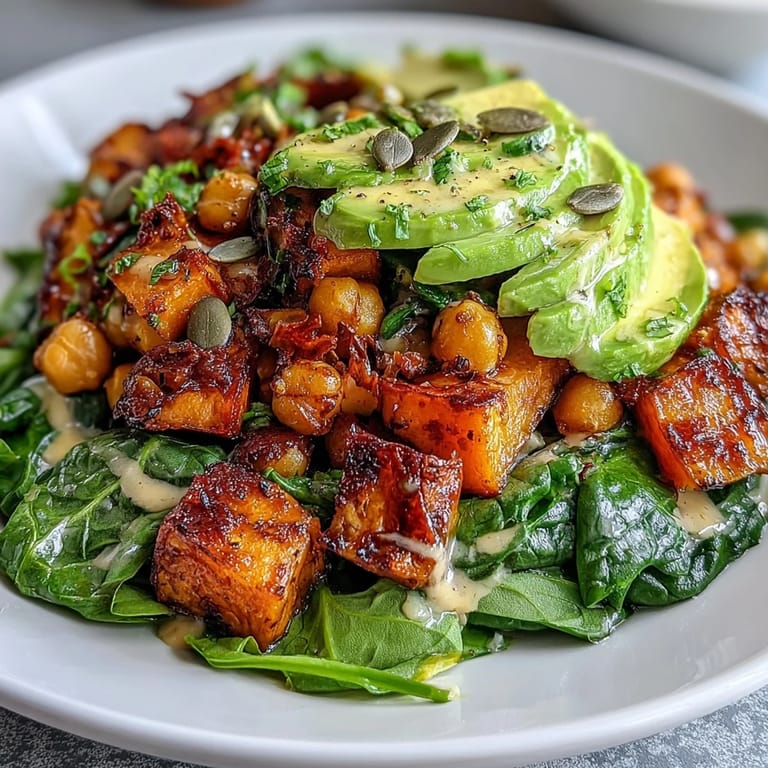 Hearty vegan dinner bowl filled with roasted sweet potatoes, crispy chickpeas, garlicky spinach, and smoky chipotle tahini dressing.