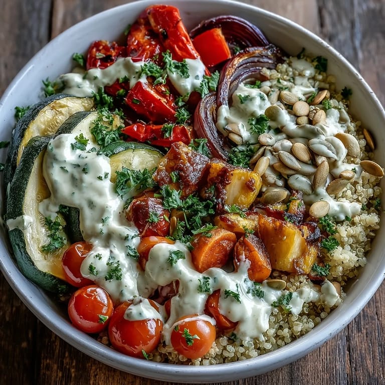 This nourishing vegan bowl is drizzled with creamy tahini sauce and topped with crunchy toasted pumpkin seeds.