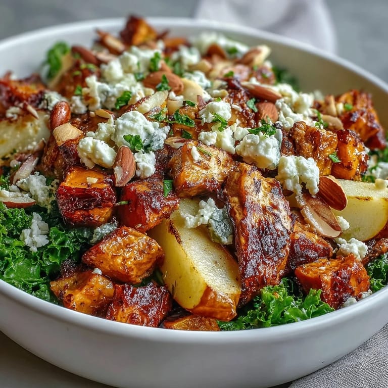 Crumpled goat cheese and toasted almonds garnish a vibrant bowl of roasted sweet potatoes and kale, celebrating the Fall Sweet Potato Harvest Bowl.