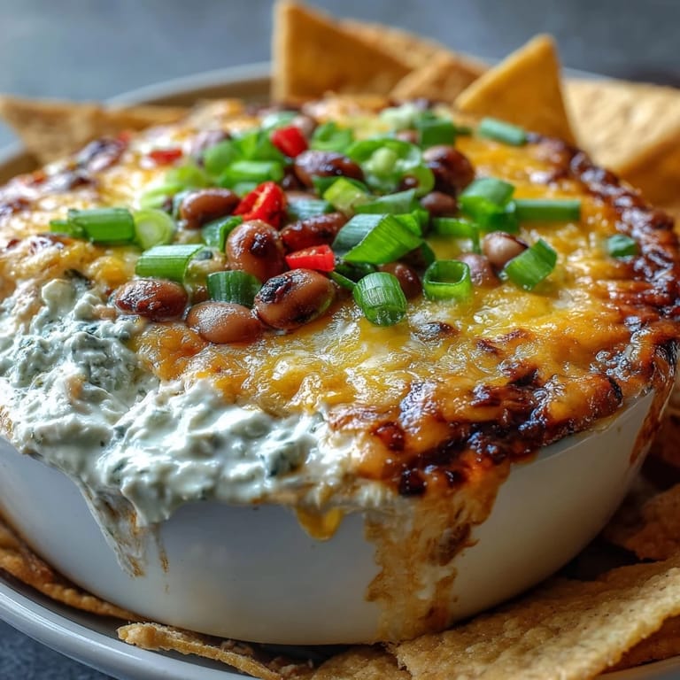 Creamy and cheesy Black-Eyed Pea Dip topped with jalapeños, perfect for a party appetizer spread.