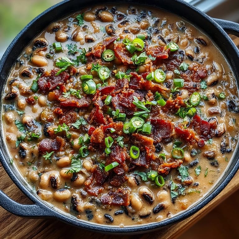 Close-up view of a rich Big Pot of Texas Black-Eyed Peas served over fluffy white rice.