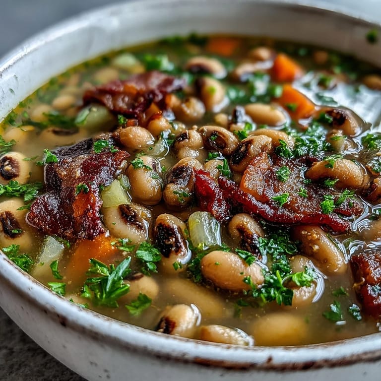 A warm pot of Black-Eyed Peas and Bacon Soup simmering with diced carrots, celery, and aromatic herbs on the stove.