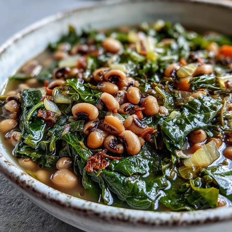 Southern style Black-Eyed Peas With Collard Greens served in a ceramic bowl, ready for a dash of hot sauce.