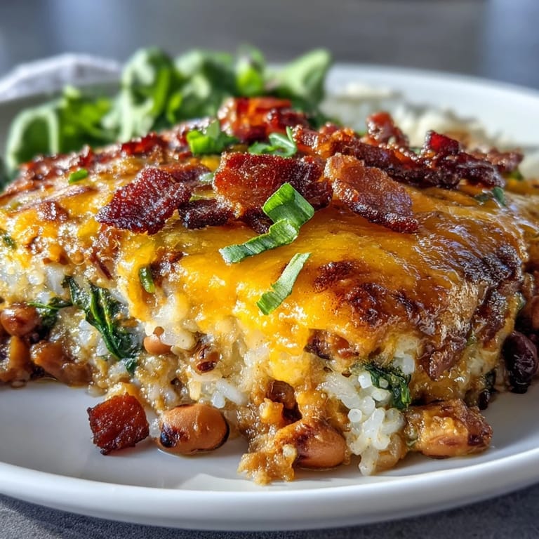 A bubbling Tex Mex Black Eyed Pea Casserole just out of the oven, featuring smoky bacon and diced tomatoes in a skillet.