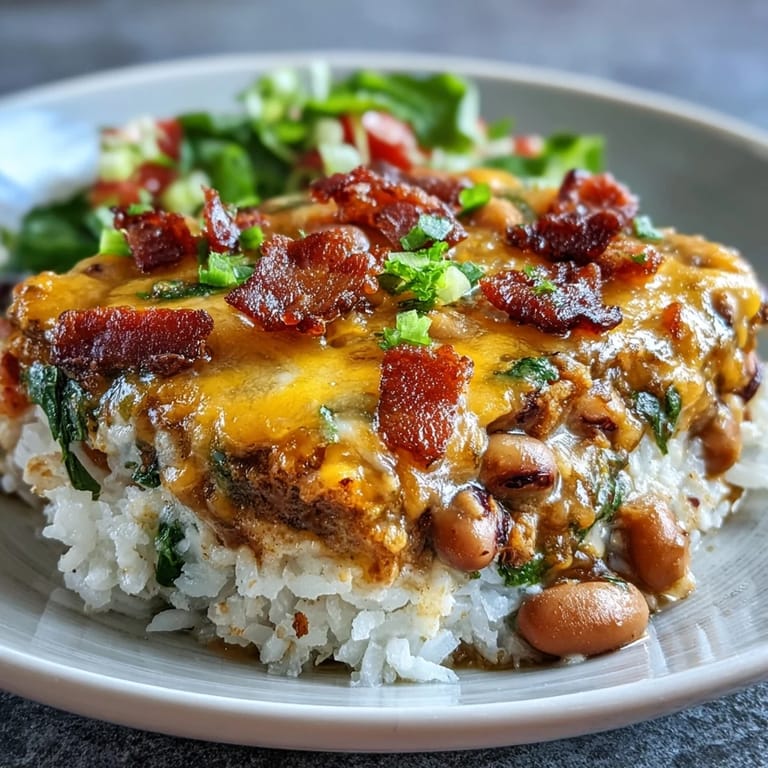 Close-up of a hearty Tex Mex Black Eyed Pea Casserole scoop revealing tender rice, spinach, and black-eyed peas on a plate.