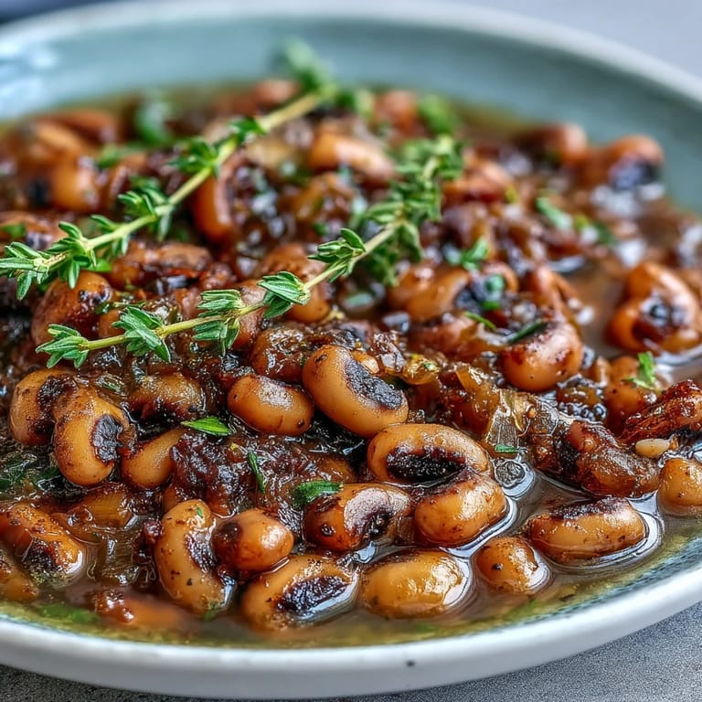 An overhead shot of the Frozen Black-Eyed Peas Quick Version, garnished with fresh parsley and served beside golden cornbread.